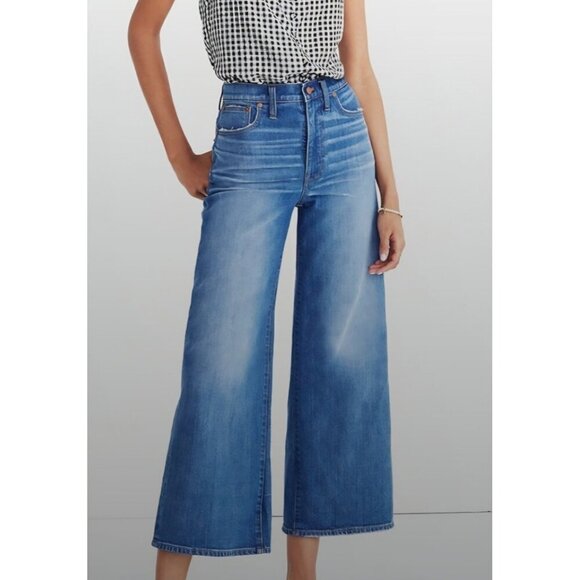 Madewell Size 31X25 Women Wide Leg Crop Blue Denim Embroidered Logo Pocket Jeans - Picture 4 of 15